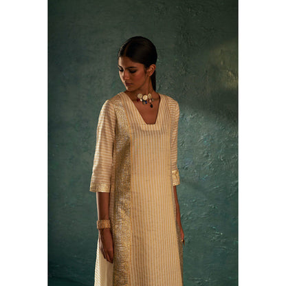Charkhee Midas Ivory Stripe Kurta with Pant & Dupatta (Set of 3)