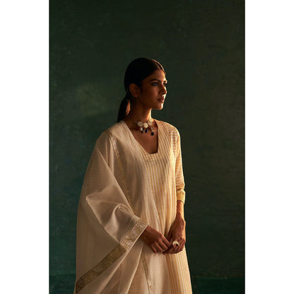 Charkhee Midas Ivory Stripe Kurta with Pant & Dupatta (Set of 3)