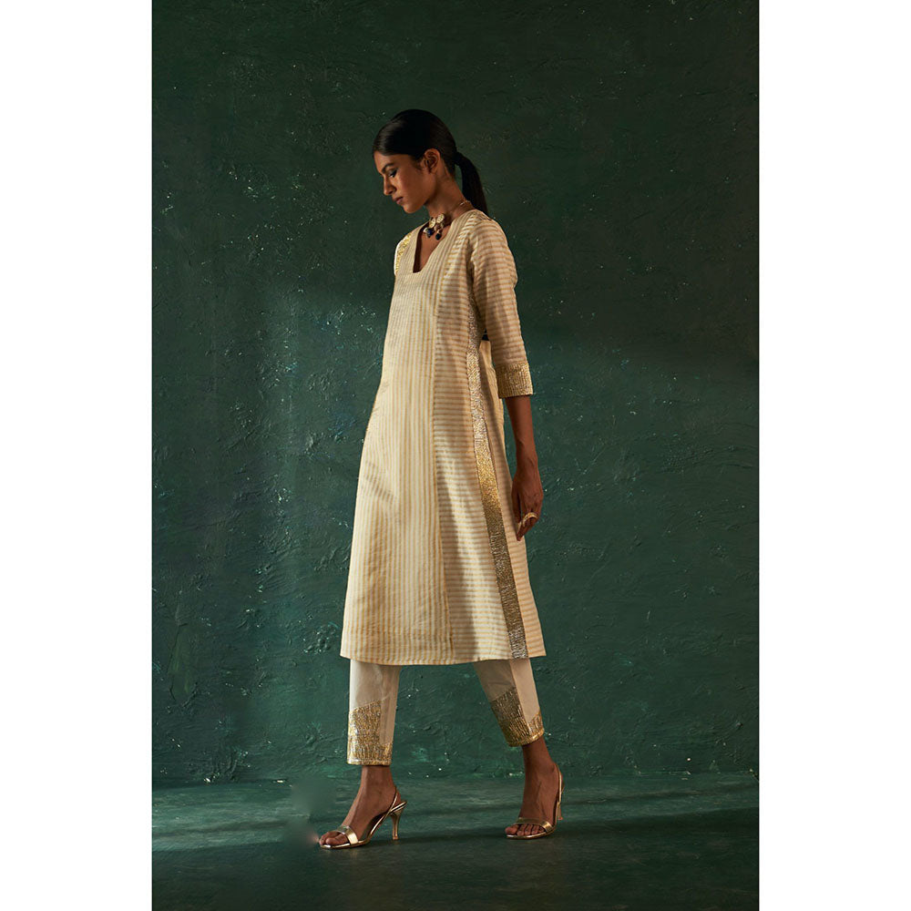 Charkhee Midas Ivory Stripe Kurta with Pant & Dupatta (Set of 3)