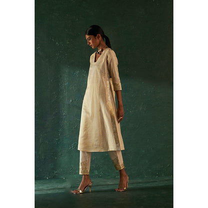 Charkhee Midas Ivory Stripe Kurta with Pant & Dupatta (Set of 3)