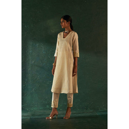 Charkhee Midas Ivory Stripe Kurta with Pant & Dupatta (Set of 3)