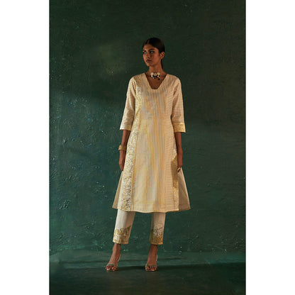Charkhee Midas Ivory Stripe Kurta with Pant & Dupatta (Set of 3)