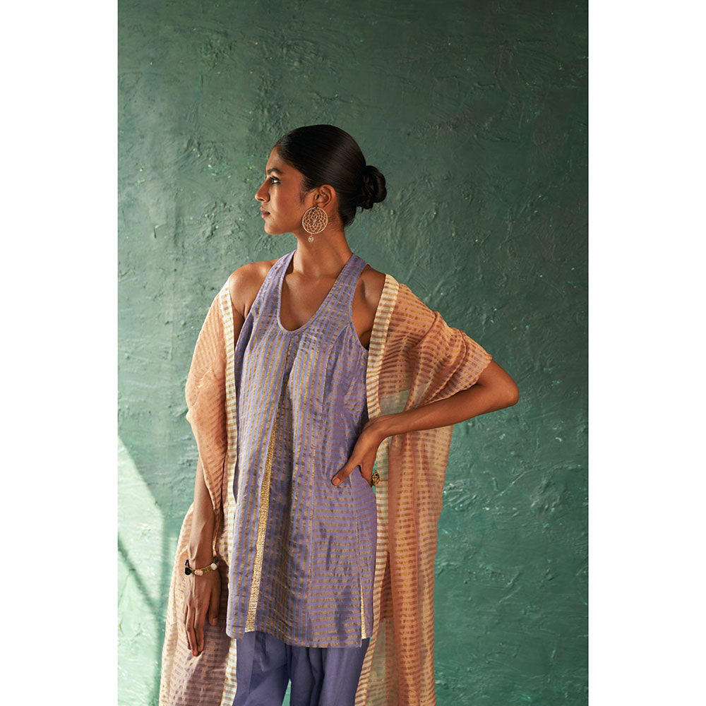 Charkhee Midas Lavender Tissue Stripes Sharara Kurta (Set of 3)