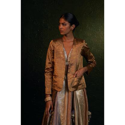 Charkhee Midas Tissue Lehenga With Blazer (Set of 3)