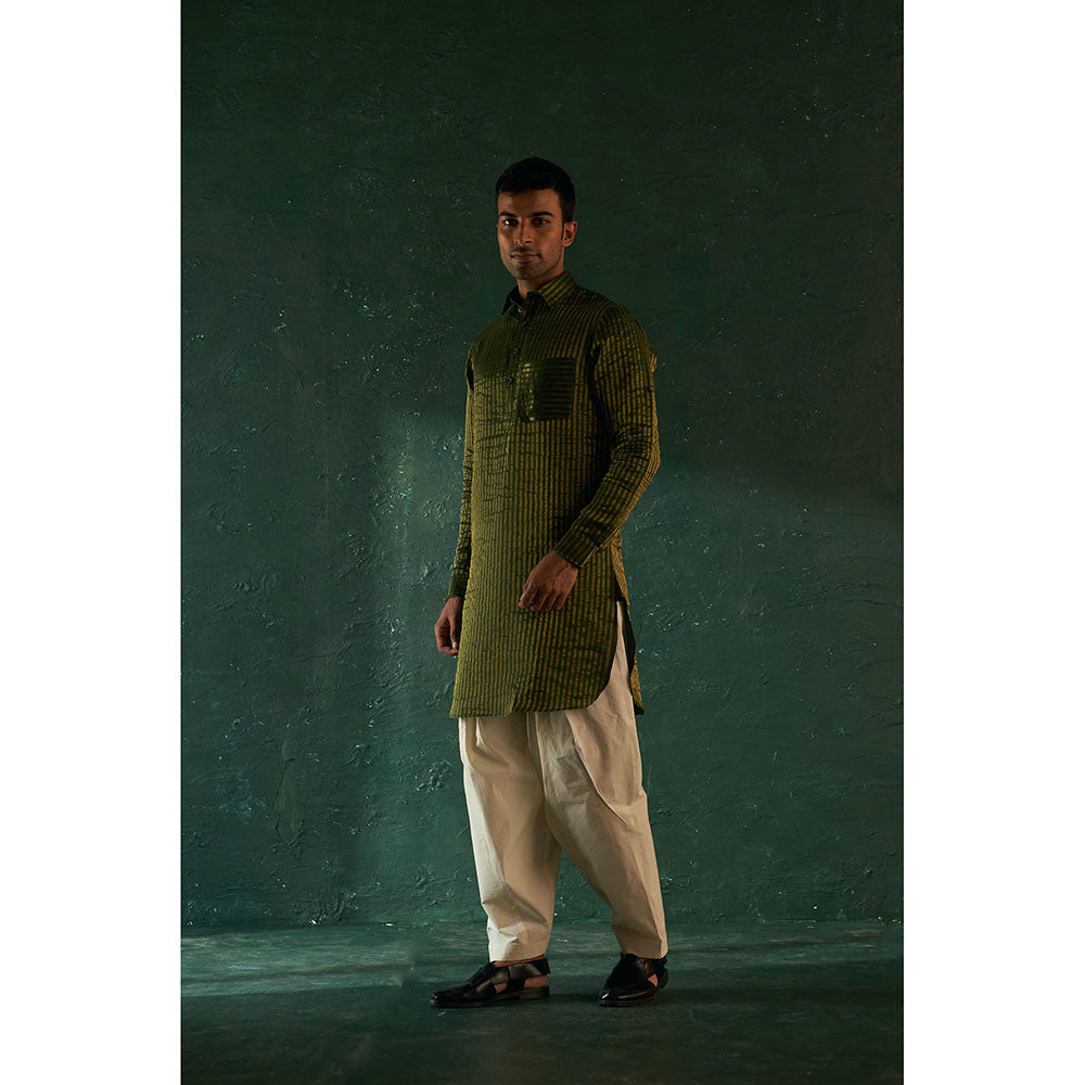 Charkhee Midas Deep Green Tissue Stripe Pathani Kurta With Salwar (Set of 2)