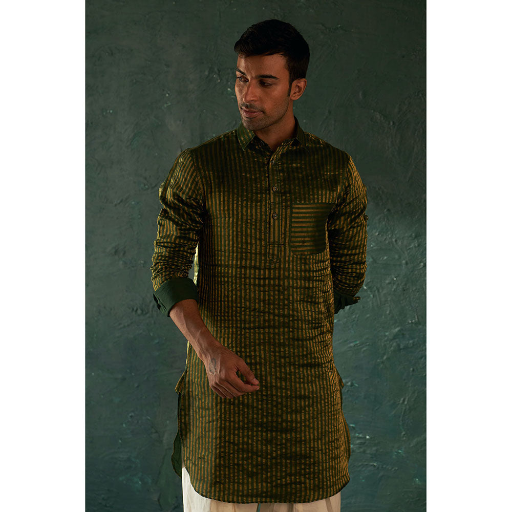 Charkhee Midas Deep Green Tissue Stripe Pathani Kurta With Salwar (Set of 2)