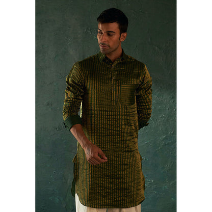 Charkhee Midas Deep Green Tissue Stripe Pathani Kurta With Salwar (Set of 2)