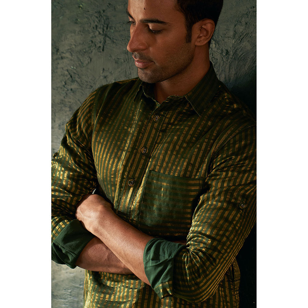 Charkhee Midas Deep Green Tissue Stripe Pathani Kurta With Salwar (Set of 2)