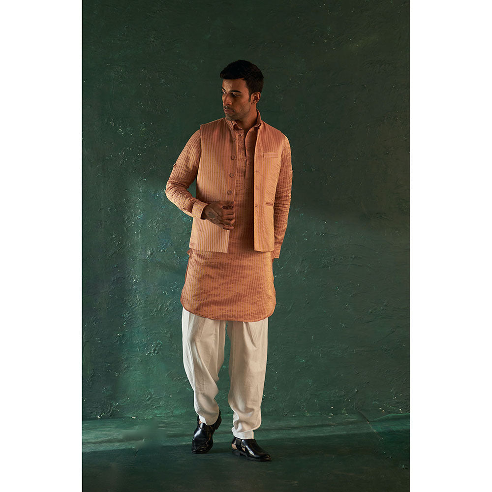 Charkhee Midas Rose Gold Tissue Stripe Pathani Kurta With Salwar (Set of 2)
