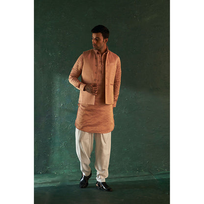 Charkhee Midas Rose Gold Tissue Stripe Pathani Kurta With Salwar (Set of 2)