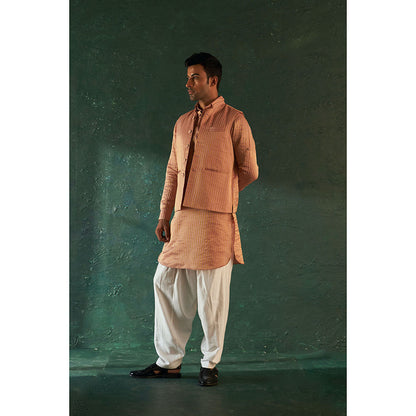 Charkhee Midas Rose Gold Tissue Stripe Pathani Kurta With Salwar (Set of 2)