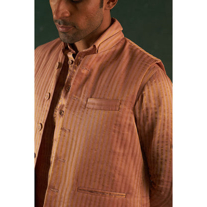 Charkhee Midas Rose Gold Tissue Stripe Pathani Kurta With Salwar (Set of 2)