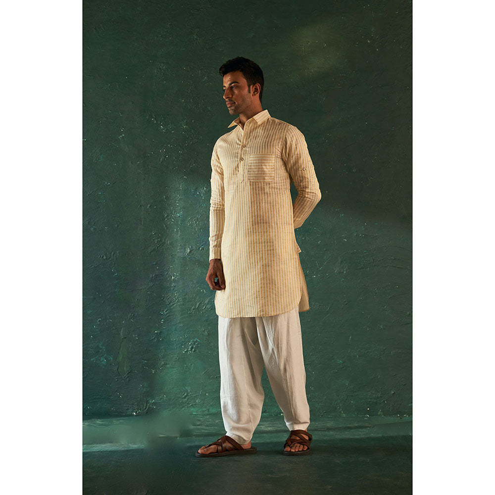 Charkhee Midas Ivory Tissue Stripe Pathani Kurta With Salwar (Set of 2)