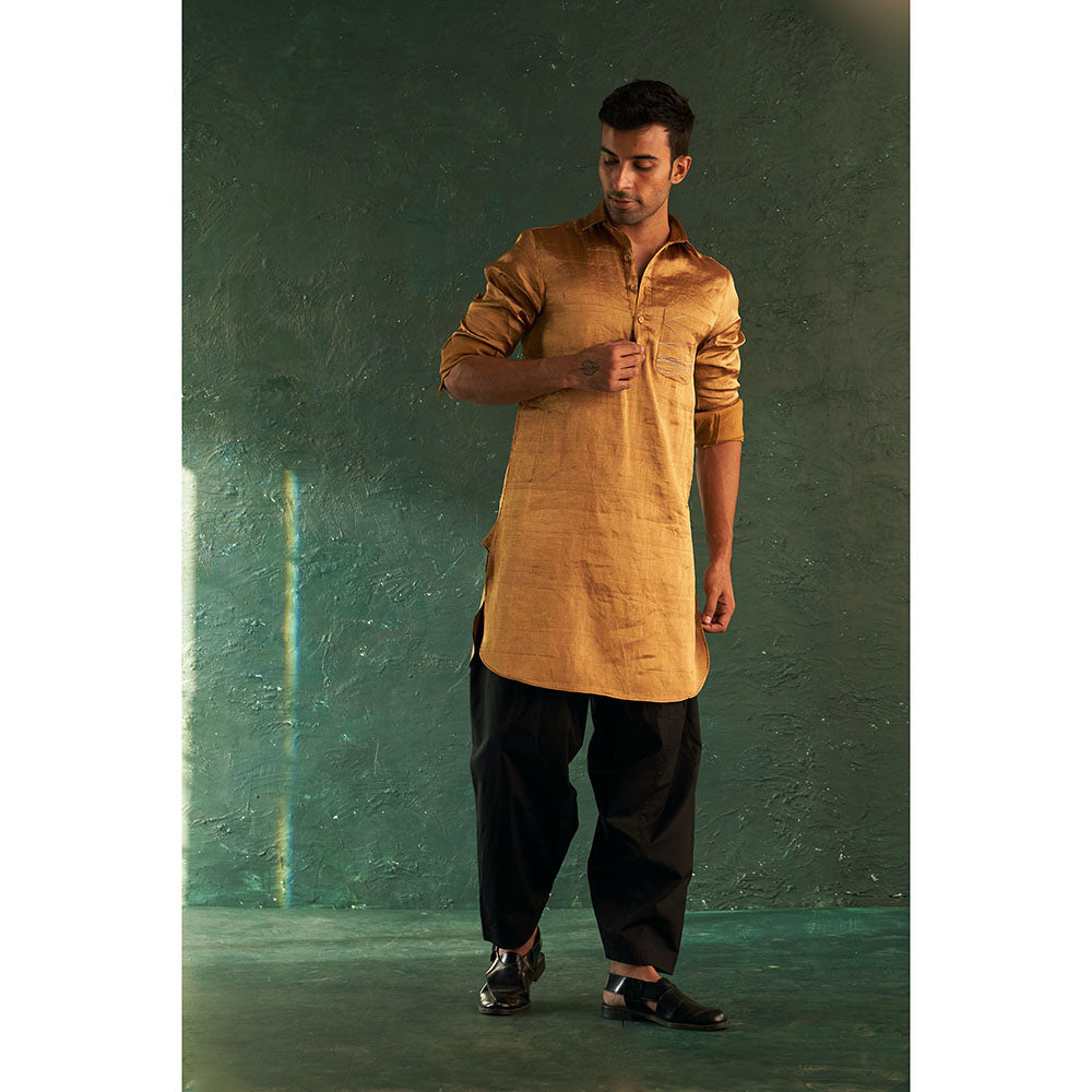 Charkhee Midas Gold Tissue Pathani Kurta With Salwar (Set of 2)