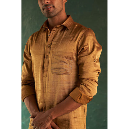 Charkhee Midas Gold Tissue Pathani Kurta With Salwar (Set of 2)