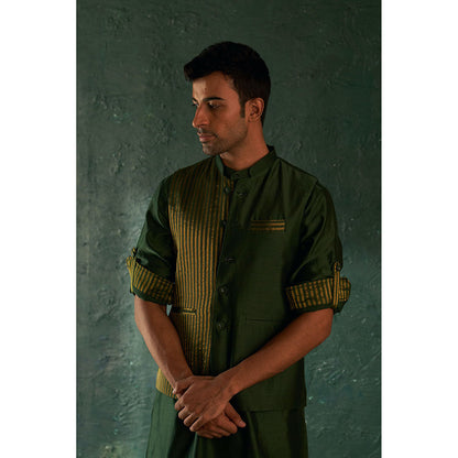 Charkhee Midas Deep Green Tissue Stripe Nehru Jacket