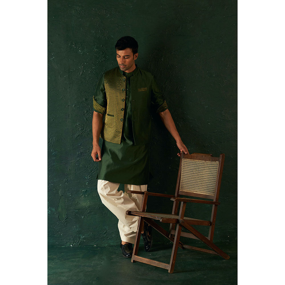 Charkhee Midas Deep Green Tissue Stripe Nehru Jacket