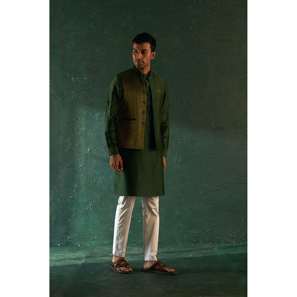 Charkhee Midas Deep Green Tissue Stripe Nehru Jacket