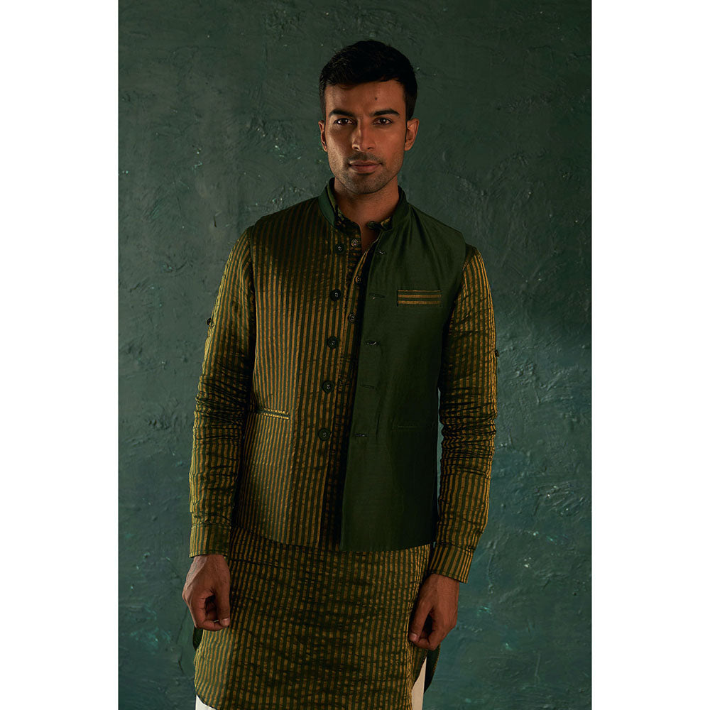 Charkhee Midas Deep Green Tissue Stripe Nehru Jacket