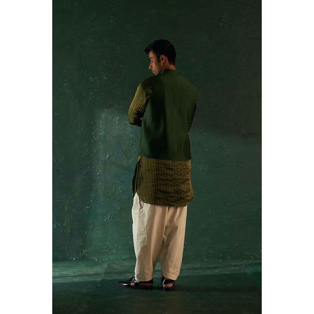 Charkhee Midas Deep Green Tissue Stripe Nehru Jacket