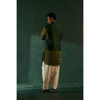 Charkhee Midas Deep Green Tissue Stripe Nehru Jacket