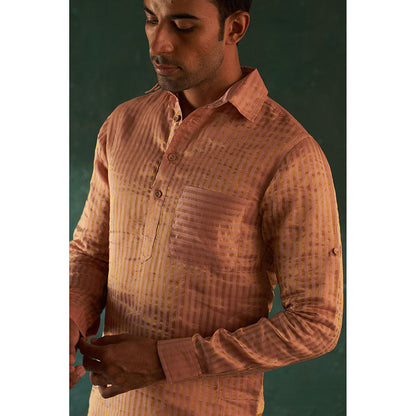 Charkhee Mens Rose Pink Stripe Pathani Kurta With Salwar And Jacket (Set of 3)