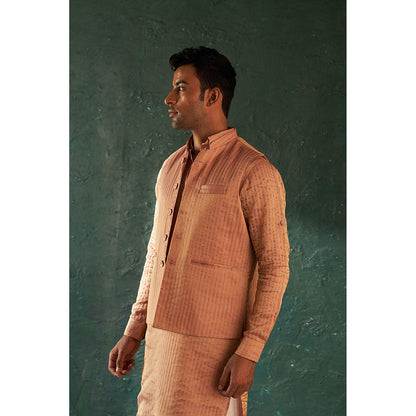 Charkhee Mens Rose Pink Stripe Pathani Kurta With Salwar And Jacket (Set of 3)
