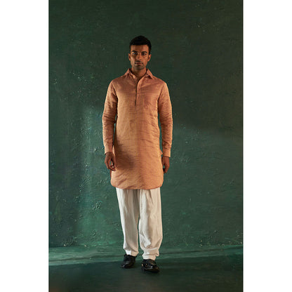 Charkhee Mens Rose Pink Stripe Pathani Kurta With Salwar And Jacket (Set of 3)