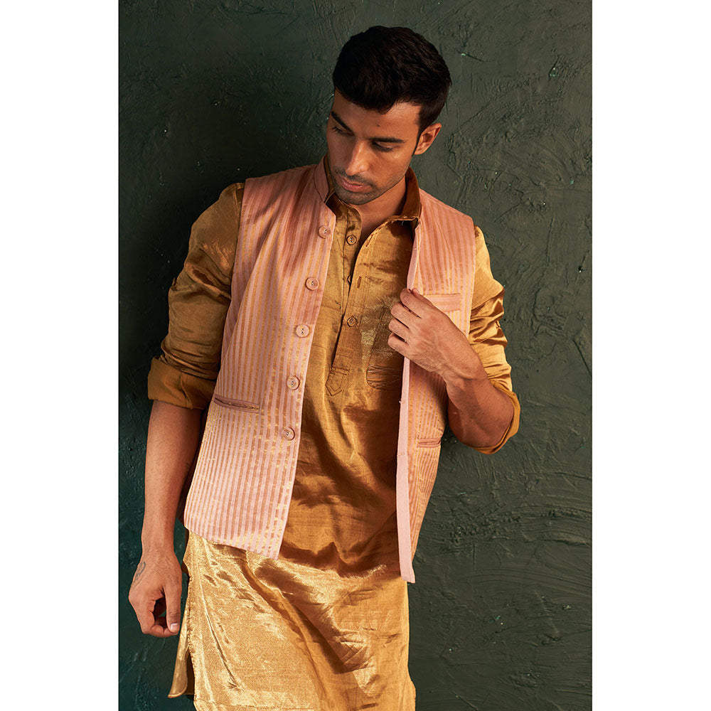 Charkhee Mens Gold Tissue Pathani Kurta With Salwar And Jacket (Set of 3)