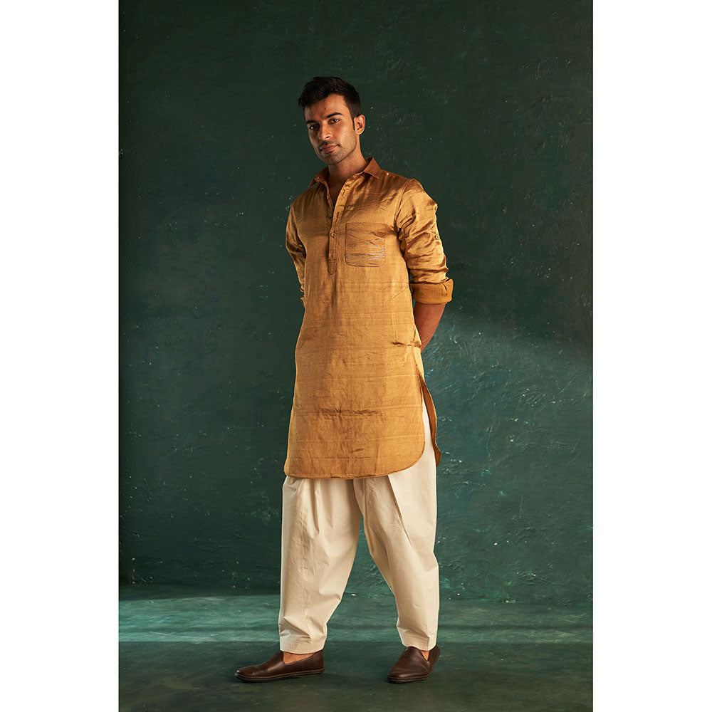 Charkhee Mens Gold Tissue Pathani Kurta With Salwar And Jacket (Set of 3)