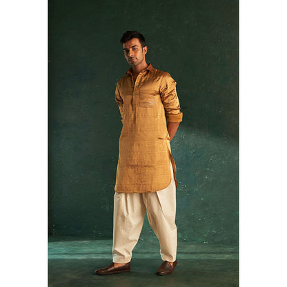 Charkhee Mens Gold Tissue Pathani Kurta With Salwar And Jacket (Set of 3)