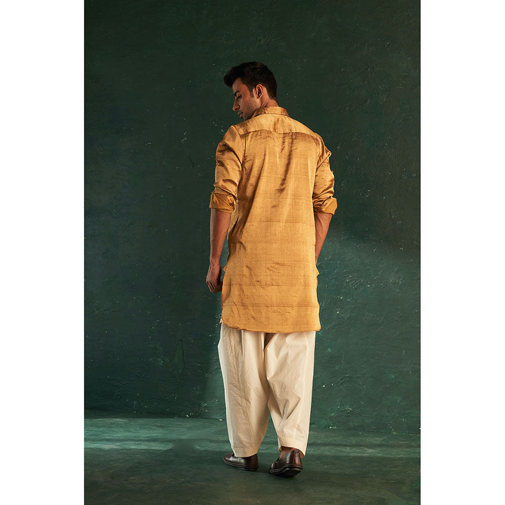 Charkhee Mens Gold Tissue Pathani Kurta With Salwar And Jacket (Set of 3)