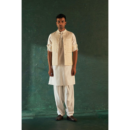 Charkhee Mens White Straight Kurta With Salwar And Jacket (Set of 3)