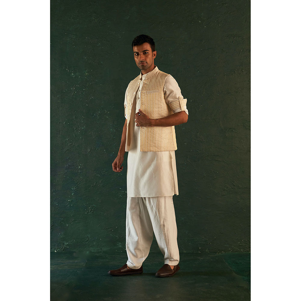 Charkhee Mens White Straight Kurta With Salwar And Jacket (Set of 3)