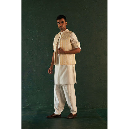 Charkhee Mens White Straight Kurta With Salwar And Jacket (Set of 3)