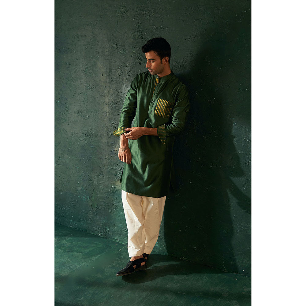 Charkhee Mens Deep Green Straight Kurta With Salwar And Jacket (Set of 3)