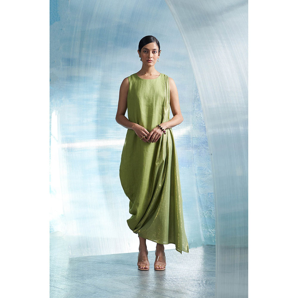 Charkhee Aura Sheen Green Linen Drape Dress with Belt (Set of 2)