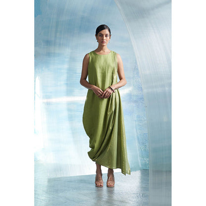 Charkhee Aura Sheen Green Linen Drape Dress with Belt (Set of 2)