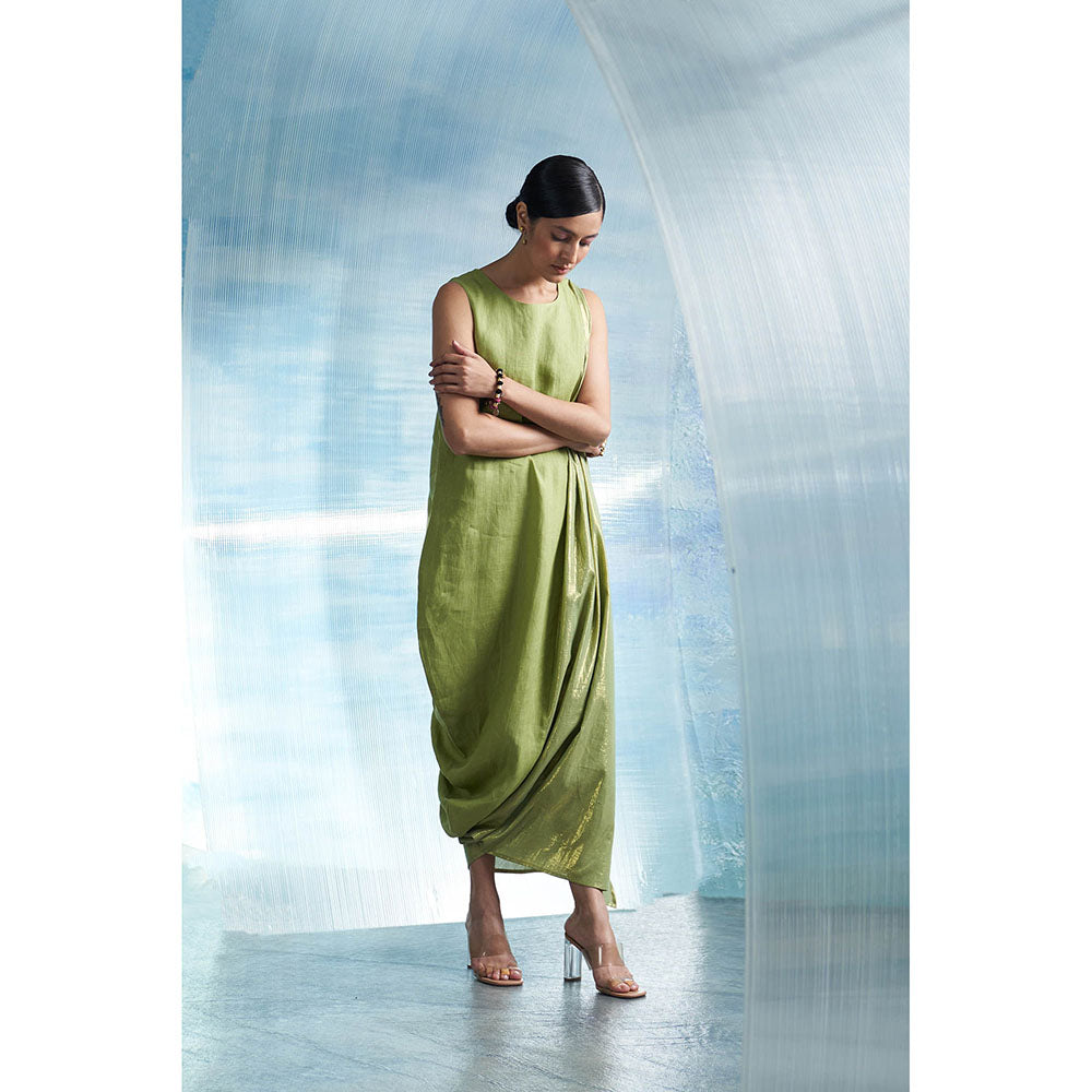 Charkhee Aura Sheen Green Linen Drape Dress with Belt (Set of 2)
