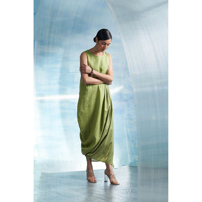 Charkhee Aura Sheen Green Linen Drape Dress with Belt (Set of 2)