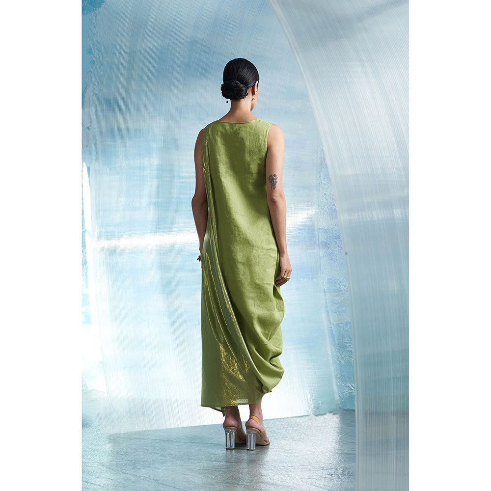 Charkhee Aura Sheen Green Linen Drape Dress with Belt (Set of 2)