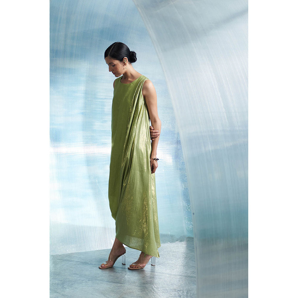 Charkhee Aura Sheen Green Linen Drape Dress with Belt (Set of 2)