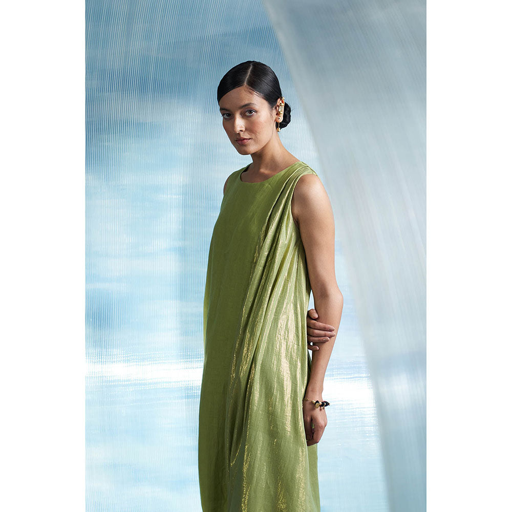 Charkhee Aura Sheen Green Linen Drape Dress with Belt (Set of 2)