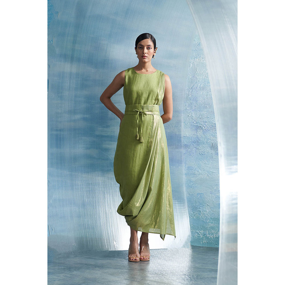 Charkhee Aura Sheen Green Linen Drape Dress with Belt (Set of 2)