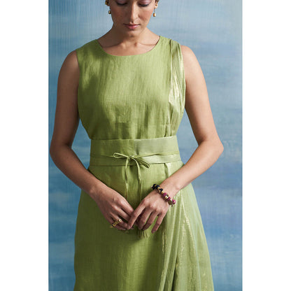 Charkhee Aura Sheen Green Linen Drape Dress with Belt (Set of 2)