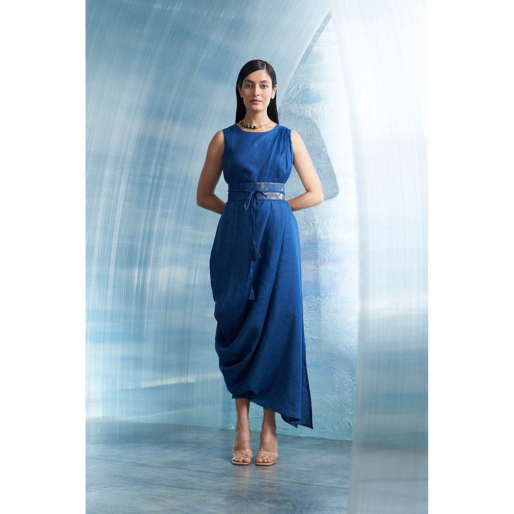 Charkhee Aura Royal Blue Linen Drape Dress with Belt (Set of 2)