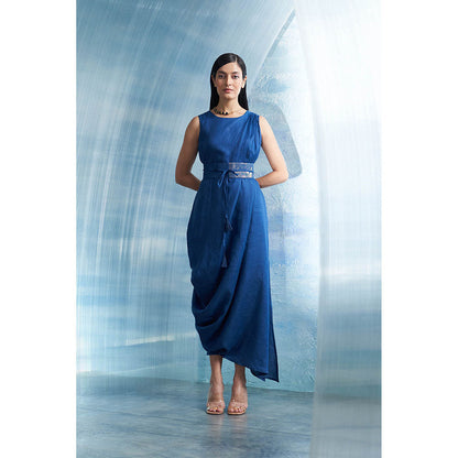 Charkhee Aura Royal Blue Linen Drape Dress with Belt (Set of 2)
