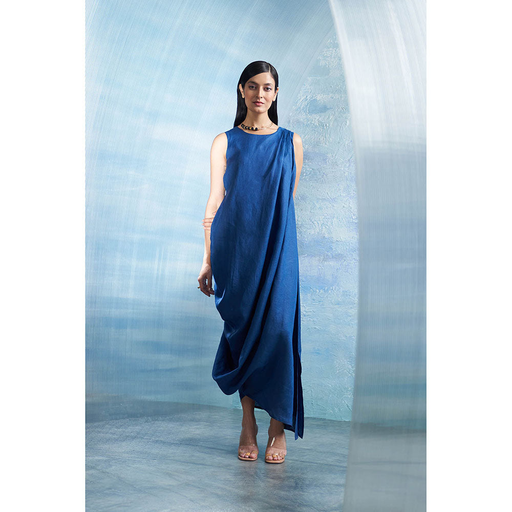 Charkhee Aura Royal Blue Linen Drape Dress with Belt (Set of 2)