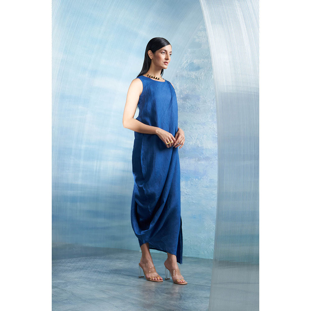Charkhee Aura Royal Blue Linen Drape Dress with Belt (Set of 2)