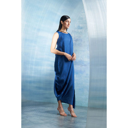 Charkhee Aura Royal Blue Linen Drape Dress with Belt (Set of 2)